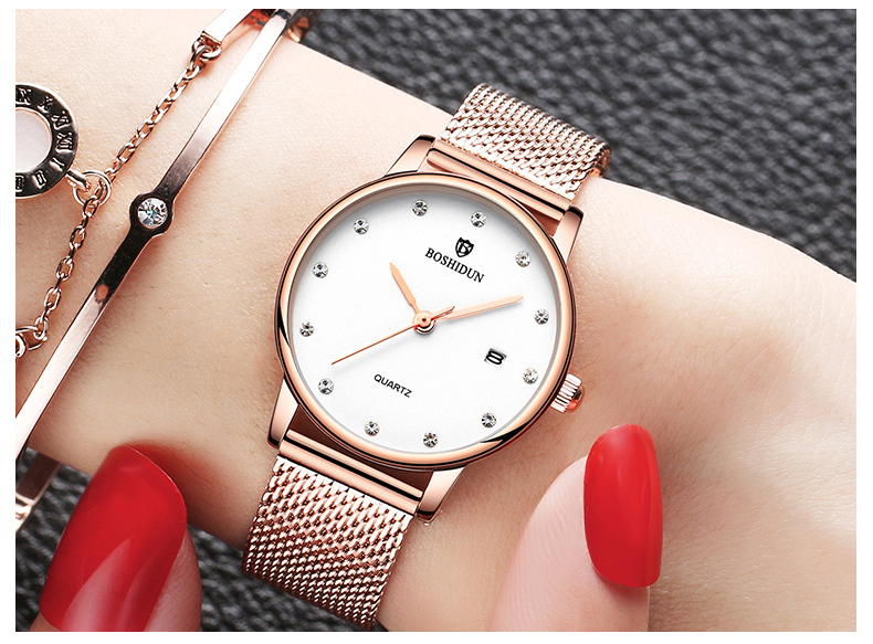 博仕顿 手表 女2019新款时尚韩版精钢网带日历女士手表防水女表 钢带