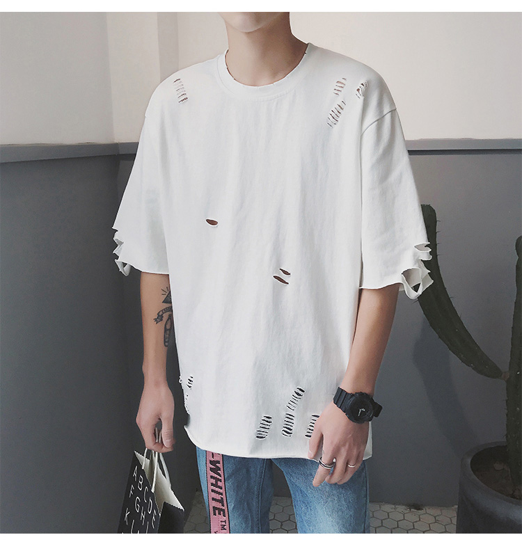 巴克龙青年港风假两件短袖t恤男七分袖2017宽松上衣加肥加大码韩版潮