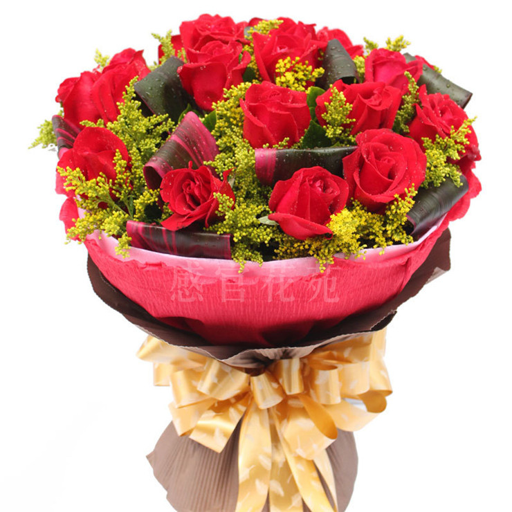 【款式18--19朵红玫瑰r】花材:精心挑选19朵红玫瑰配材:黄莺间插,白色
