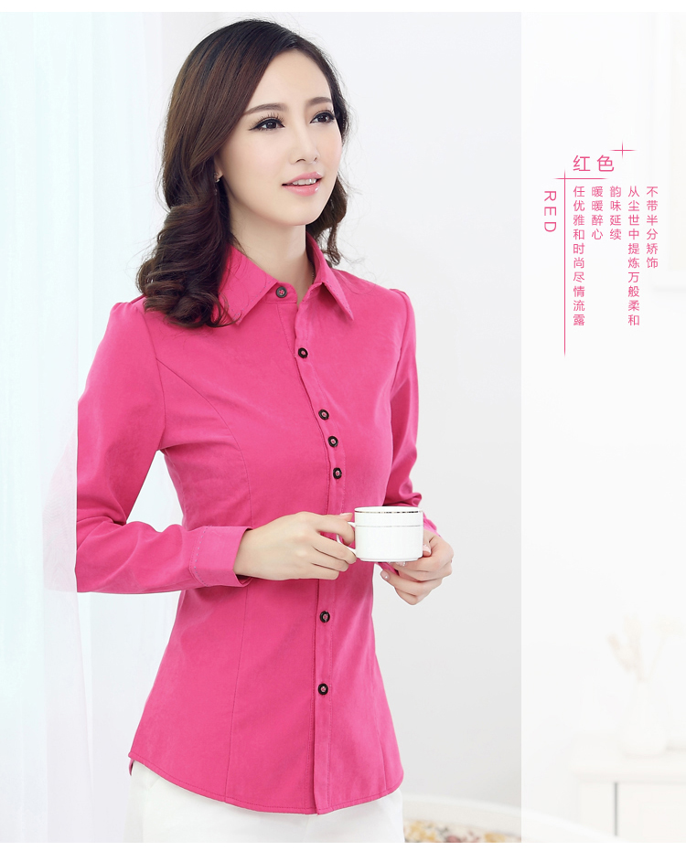 奈慧加厚加绒衬衫女简约休闲妈妈装修身红色蓝色翻领纯色长袖大码淑女衬衣2015冬装新款 玫红色(加绒保暖) L