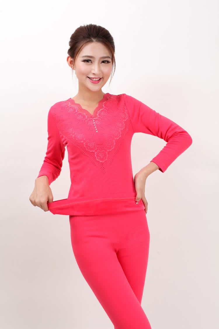 grapos2014冬季女装加绒加厚保暖内衣超柔蕾丝领美体塑身打底衫by004