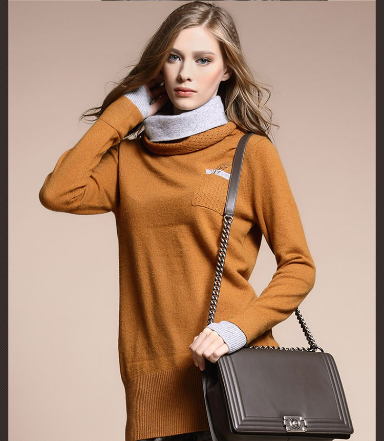 baykal贝加尔羊绒衫女套头中长款羊绒打底衫秋冬款包臀堆堆领纯色女衫