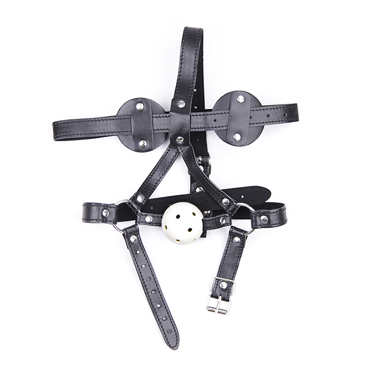 面部限制刑局熊猫眼含空心口球口塞皮革头套 sm情趣用品男女用器具