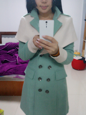 魅诗朵 2015新款女装修身斗篷潮毛呢外套秋冬天季风衣呢子大衣 黑灰色 S