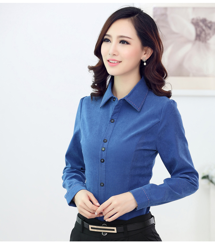 奈慧加厚加绒衬衫女简约休闲妈妈装修身红色蓝色翻领纯色长袖大码淑女衬衣2015冬装新款 玫红色(加绒保暖) L