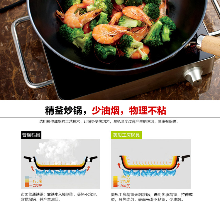 
                                        美思工房精釜无涂层电磁炉精铁锅不粘锅无油烟炒锅炒菜锅平底 36cm                
