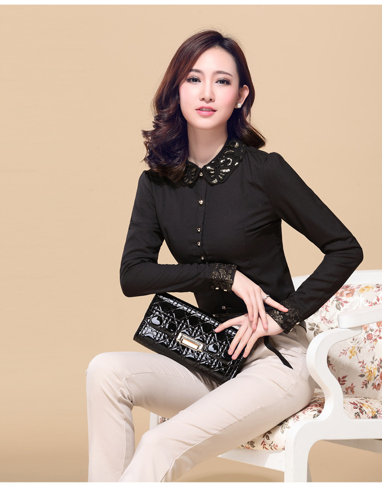 湘奈涵 加绒加厚蕾丝加绒衫衬打底衫女长袖保暖女士蕾丝长袖衬衫女 黑色加绒款 L