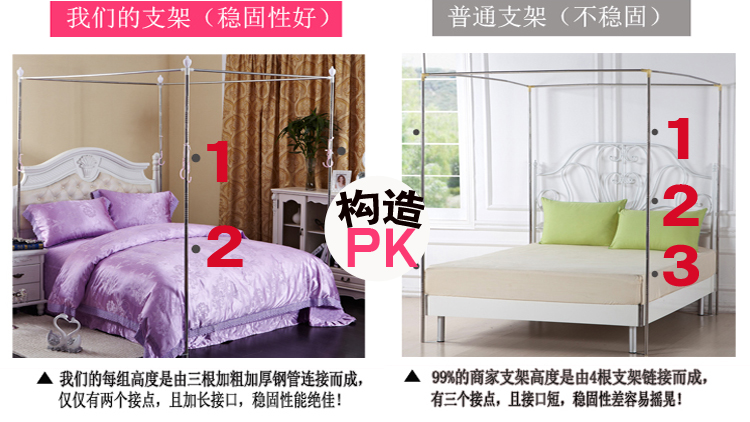 
                                        精意家纺 2.5CM宫廷蚊帐三开门落地不锈钢方顶欧式公文蚊帐加粗支架加厚 浅紫色 1.2m床                