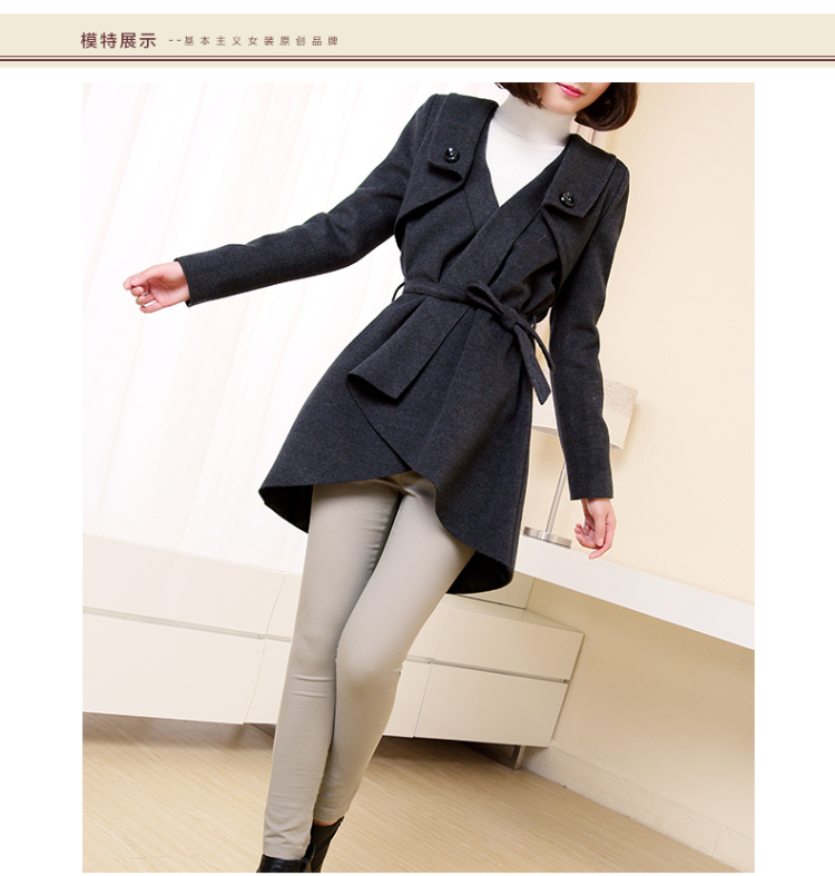 2015冬新款原创设计独特下摆保暖翻领毛呢大衣外套 4W72036 深灰色 M