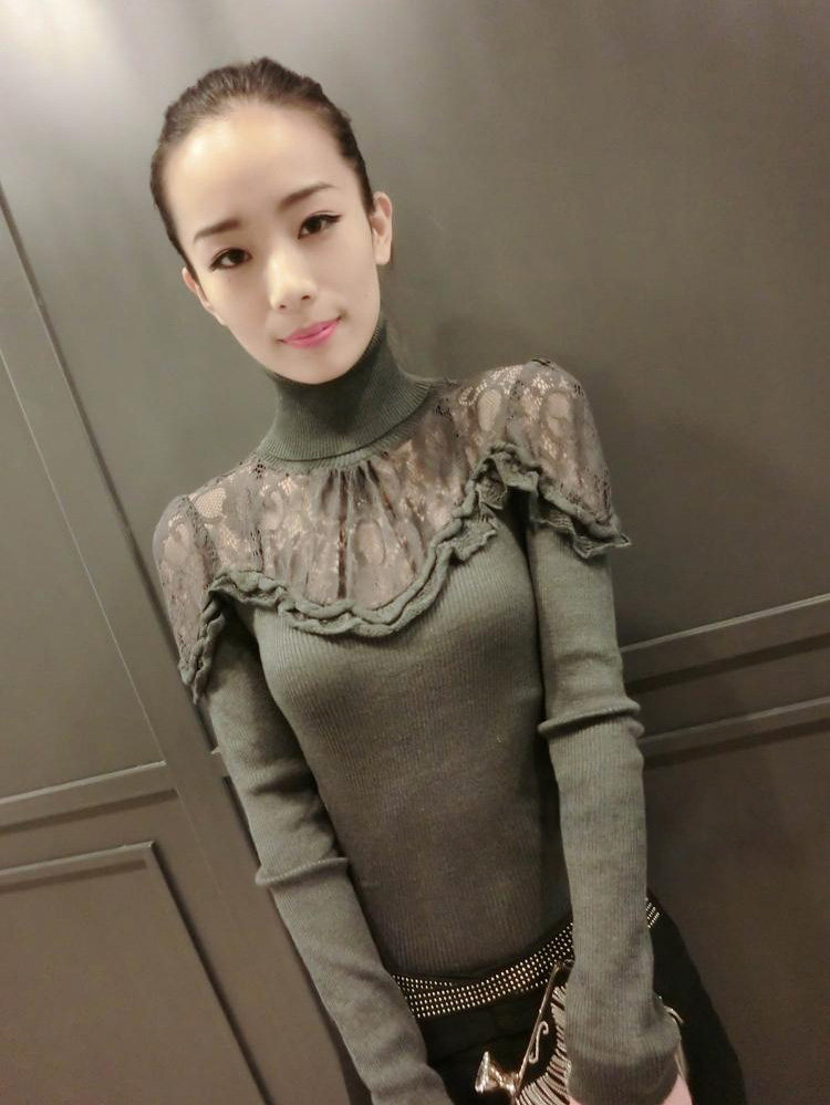 
                                        姚雅妮新款时尚韩版百搭蕾丝高领毛衣针织衫女装修身性感长袖拼接打底衫T恤 黑色 均码                