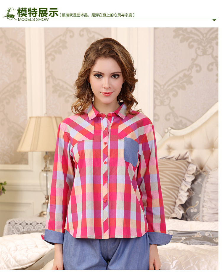 秋鹿家居服2015年新款女士七分袖短袖长裤睡衣梭织色织条纹纯棉套装