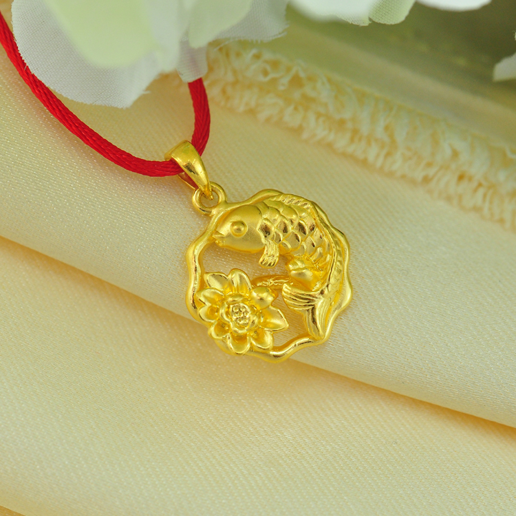 金兰首饰3d硬千足金黄金吊坠黄金项链鱼戏莲花年年有鱼吊坠 可定制约
