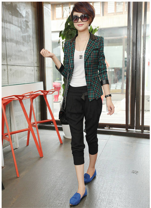 尚优彩帛2015春秋新款女装小西服韩版一粒扣修身小西服女式短外套hmm2362 红格子 L