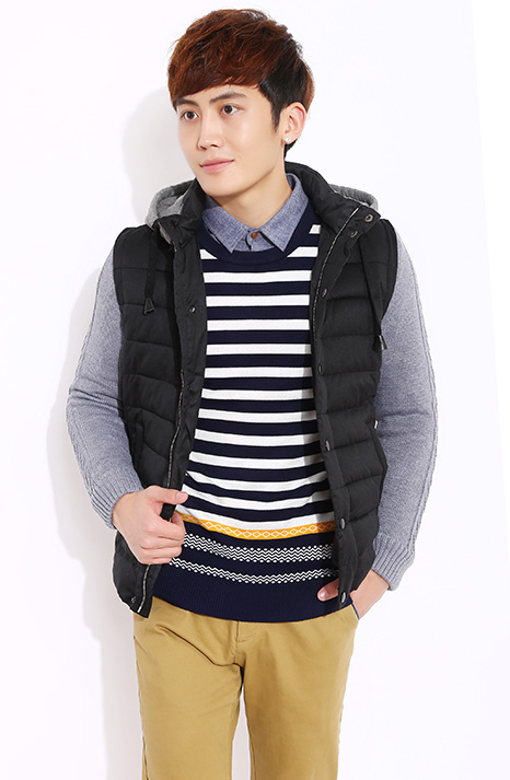 三福2014男装冬季新款 韩版拼接连帽棉服 时尚车格棉外套746762 黑色