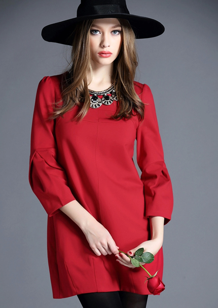 经典蜜雪 2015春装新款时尚优雅弹力针织修身宽松腰灯笼连衣裙 红色