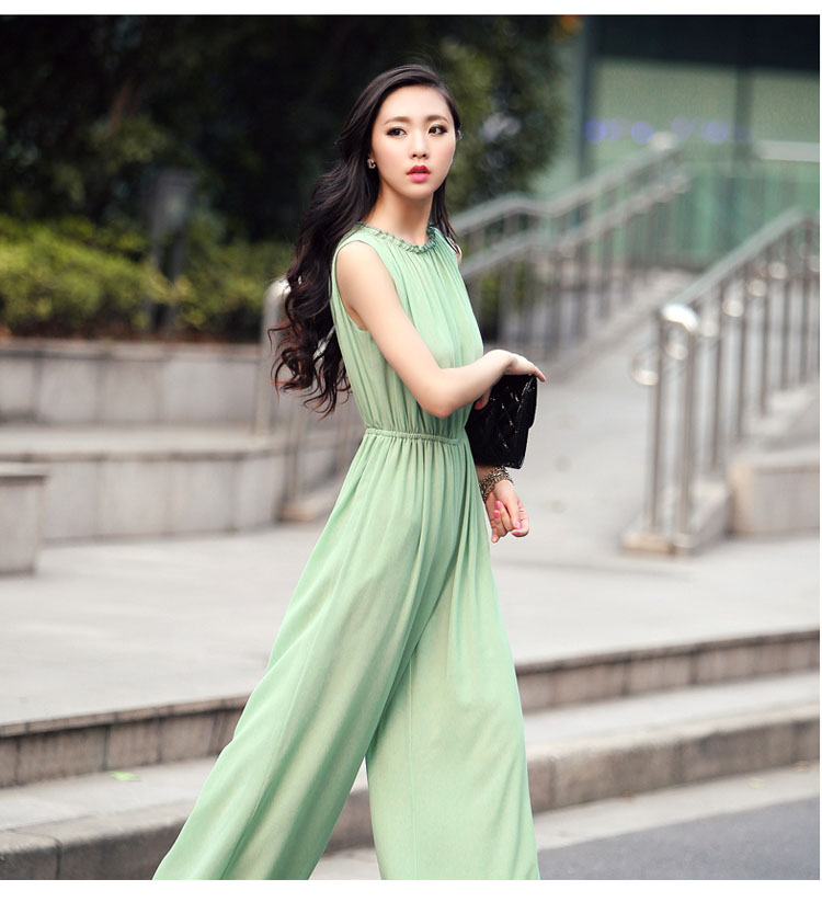 醉风乔 2015夏装新款韩版女装 前后两穿时尚休闲雪纺无袖连体裤长裤阔腿裤潮XY1305 粉色 M