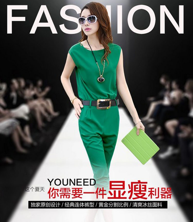 维儿斯2015春新款女韩版纯色连体裤雪纺气质糖果色无袖连体七分裤 红色 XL