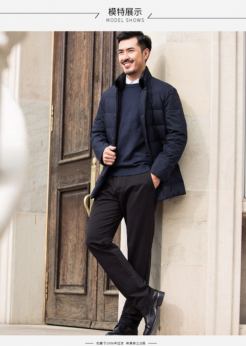 红都 羽绒服男宽松立领中年男士商务休闲羽绒外套毛领 lk5677-1 170