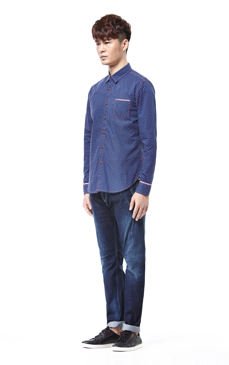 卡宾2015春装新款 男士长袖休闲衬衫波点纯棉衬衣潮b/3141109003 靛
