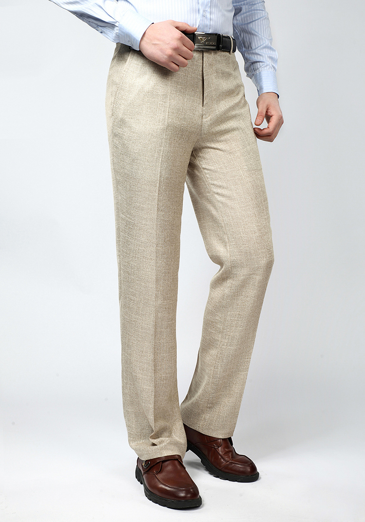 夏季薄款男士休闲直筒白色亚麻男裤子中老年高腰西装裤爸爸装亚麻西裤