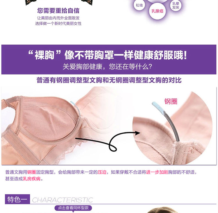 纤慕大码薄款收副乳无钢圈聚拢调整型文胸纯棉流行蕾丝刺绣内衣套装 万紫千红 75B