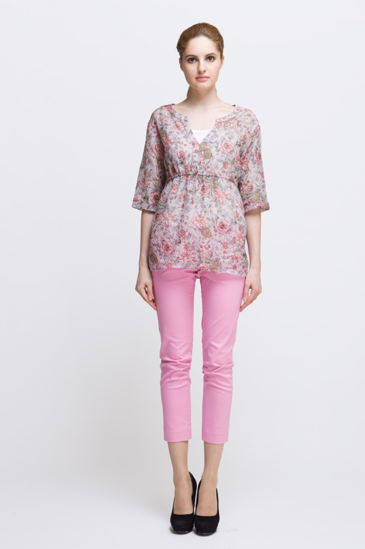 沐兰moreline女装秋季气质v领中长袖印花衬衫女7253521图片色38