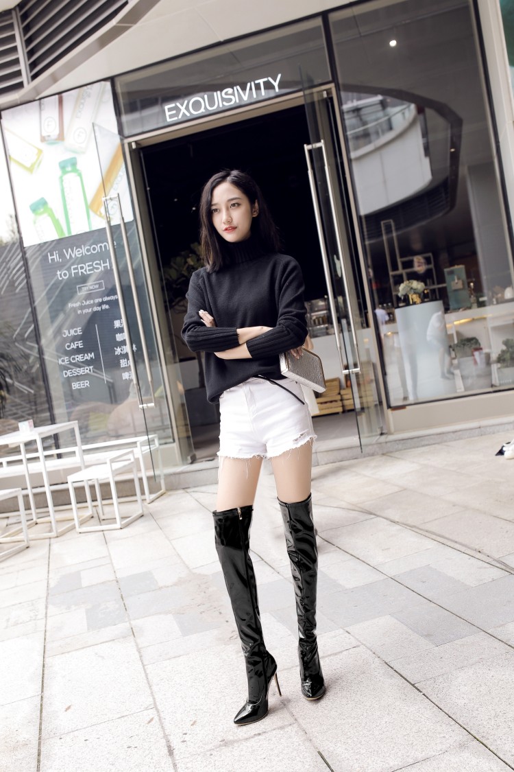 欧美潮新款超高跟女靴12cm恨天高过膝长靴漆皮48码特大码伪娘变装男靴