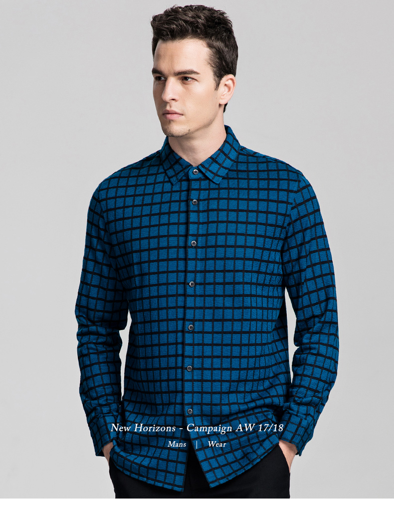 bosssunwen长袖衬衫男 秋冬新款格纹休闲修身潮流中青