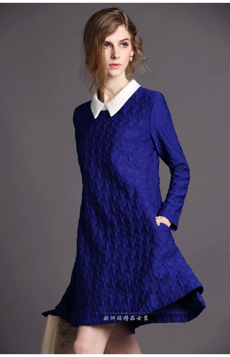 法曼丽 2014秋冬季新品女装欧美大牌长袖娃娃领a字连衣裙1519 蓝色