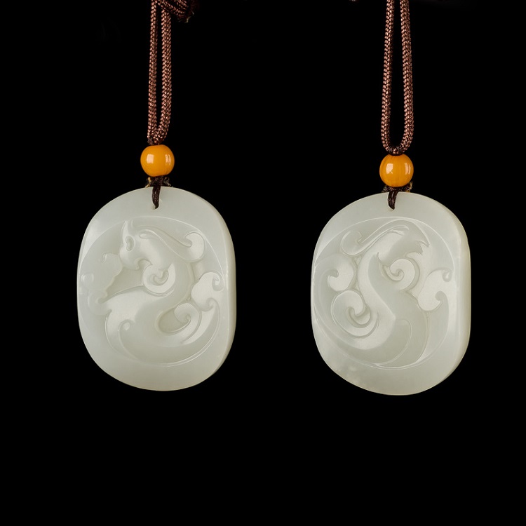 御府 新疆和田玉白玉籽玉对牌 仿古龙凤 25.8克