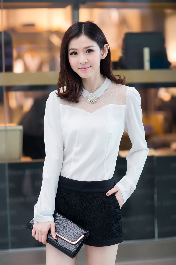 樱语蝶  2015春秋季新款性感雪纺蕾丝衬衫潮上衣  V领镂空纱网蕾丝长袖雪纺衫 白色 M