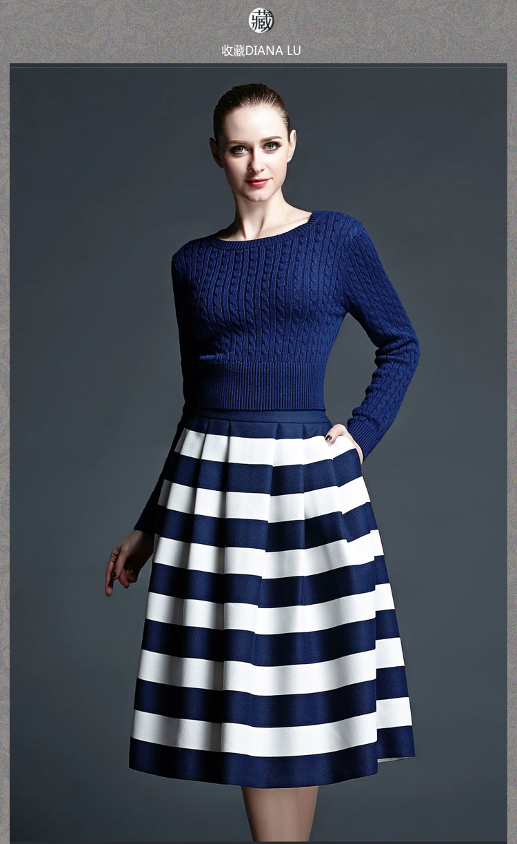 dl时尚春秋款经典扭花短蓝毛衣蓝白长裙套装 蓝白色 l
