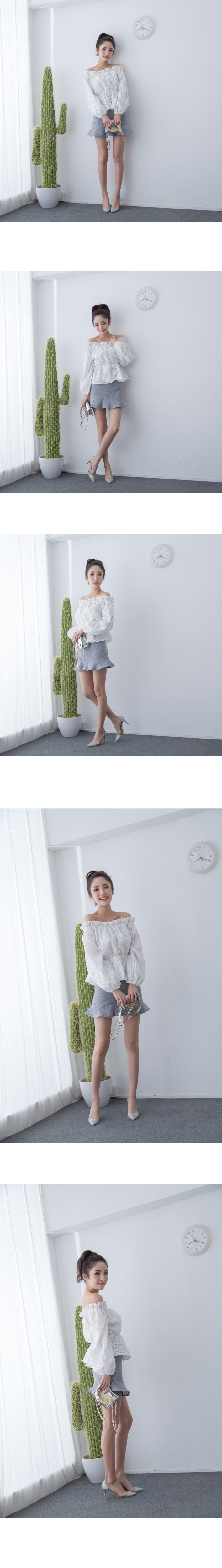 尚族依品2015夏新款甜美格子一字领露肩衬衫收腰显瘦小上衣 白色 S