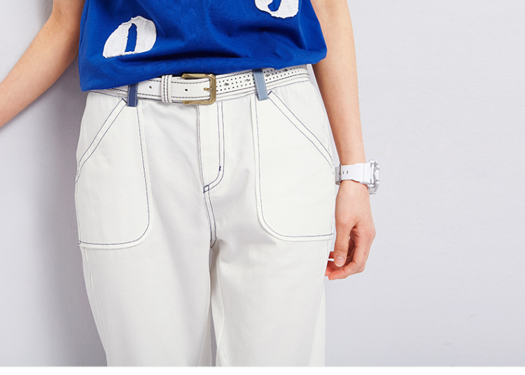 初语2015夏季新品 简约撞色裤耳宽松小哈伦休闲裤女8521922008 米白