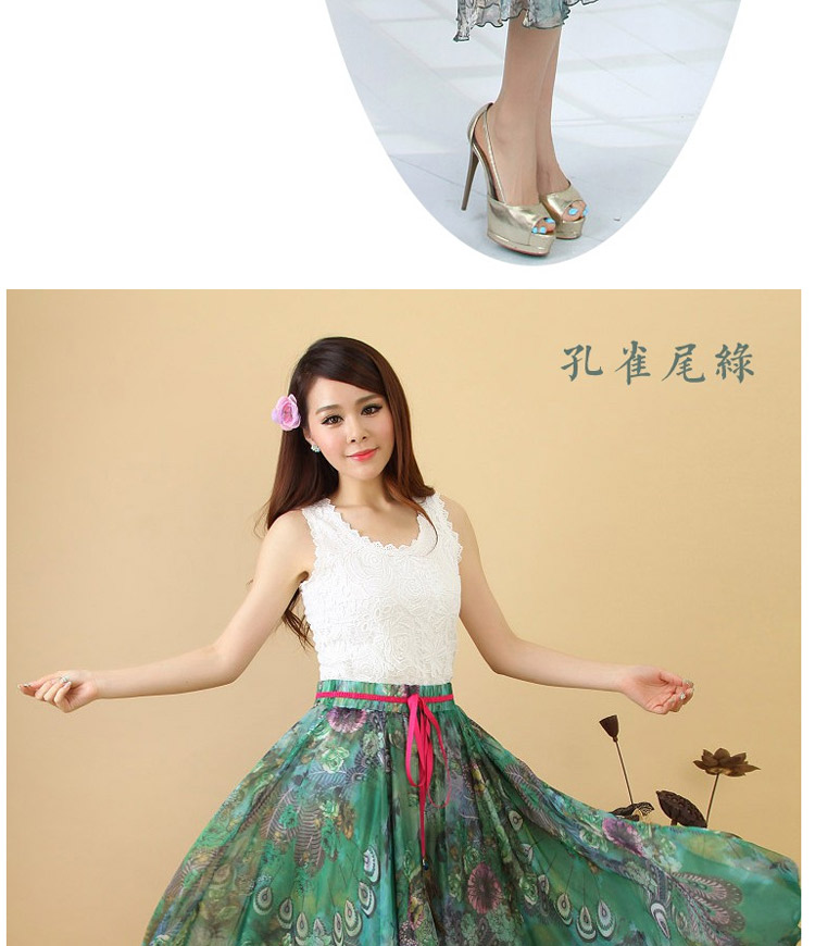 迪龙斯克2015夏季新款女装半身长裙松紧带印花大摆雪纺波西米亚连衣裙沙滩裙 彼岸花开 L