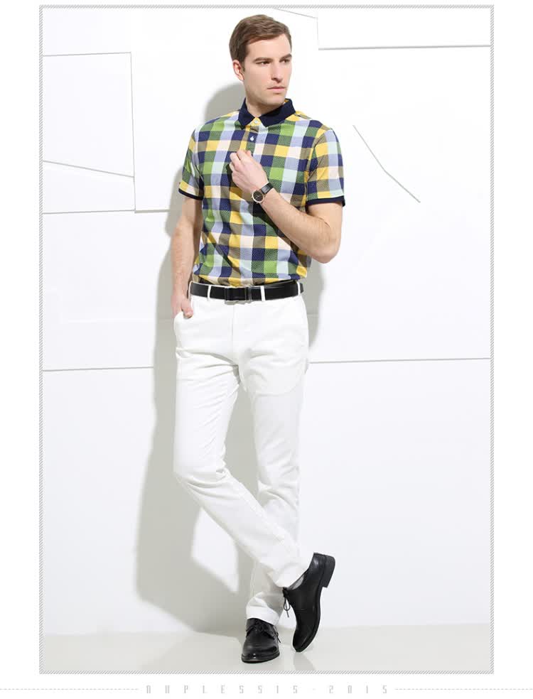 迪普莱西夏装新款男士丝光棉短袖t恤 商务休闲翻领格子半袖男装 绿色