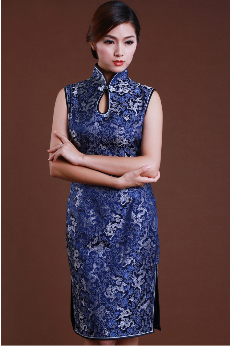 逸福旗袍织锦缎深蓝满地龙图案改良时尚款式量身定制10天发货蓝色l10