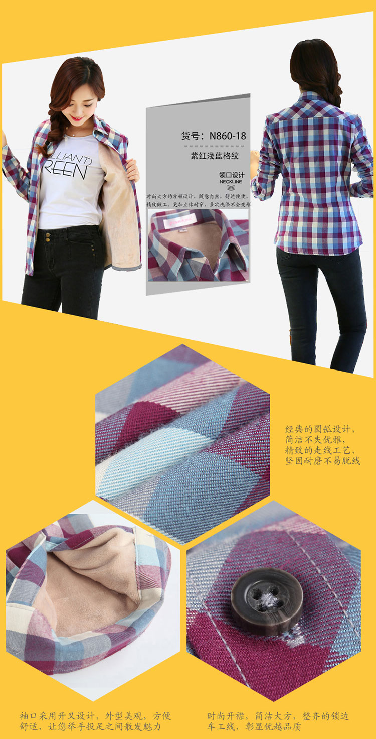 
                                        拼马 女士保暖衬衫2017春季法兰绒磨毛格子女装加绒加厚商务修身长袖休闲保暖衬衣 N860-1 M                