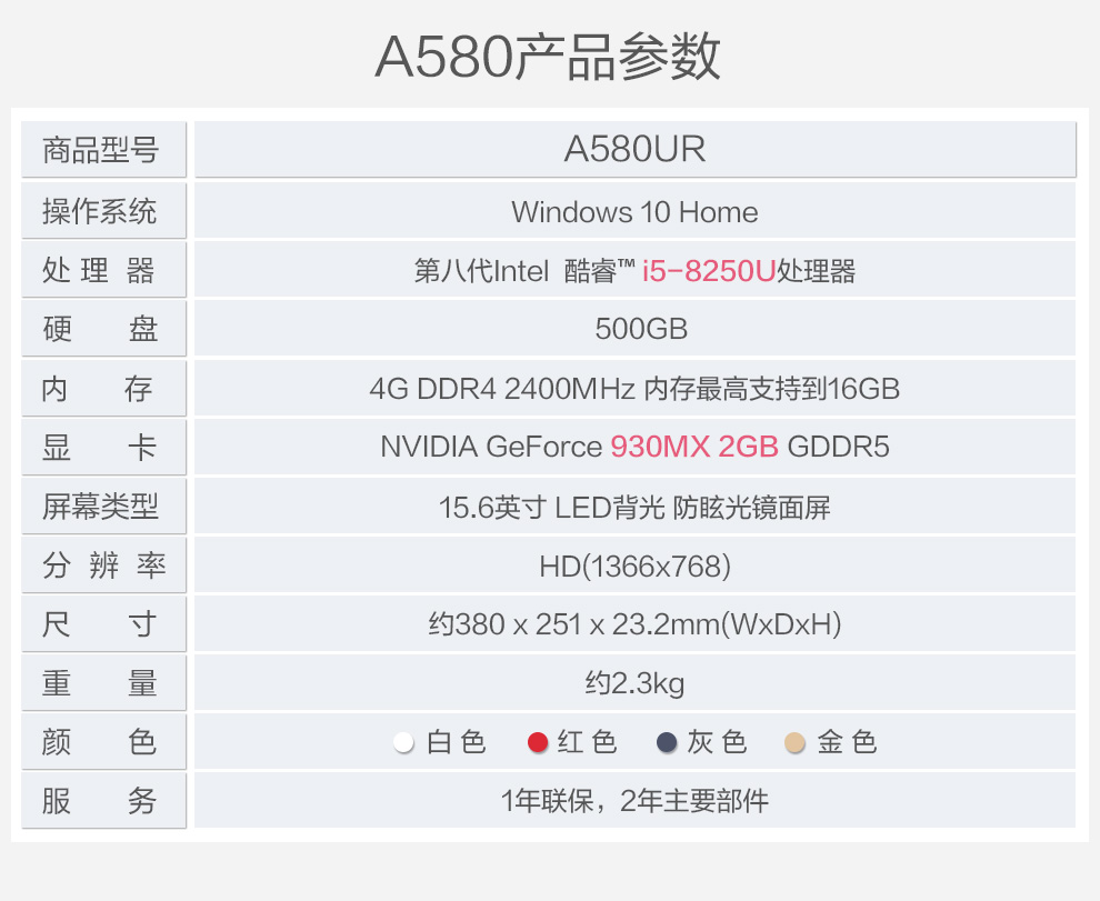 a580ur8250 4g 500g 930mx 2g 红色