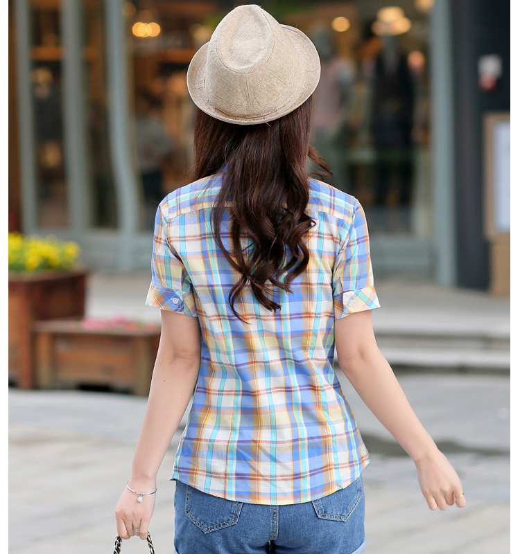 2015新款女装夏装短袖全纯棉格子大码百搭衬衫  20BS系列 2055BS XL