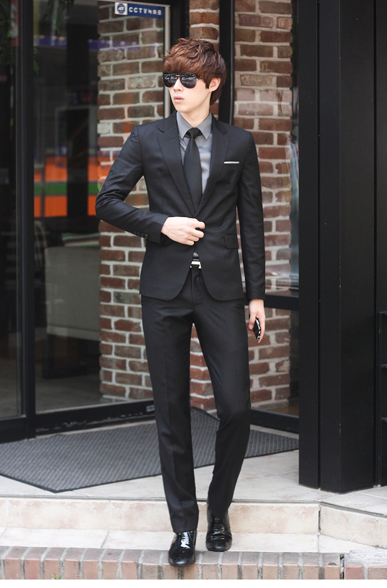 森恩春秋韩版修身西服套装男青年商务休闲黑色男士小西装外套三件套