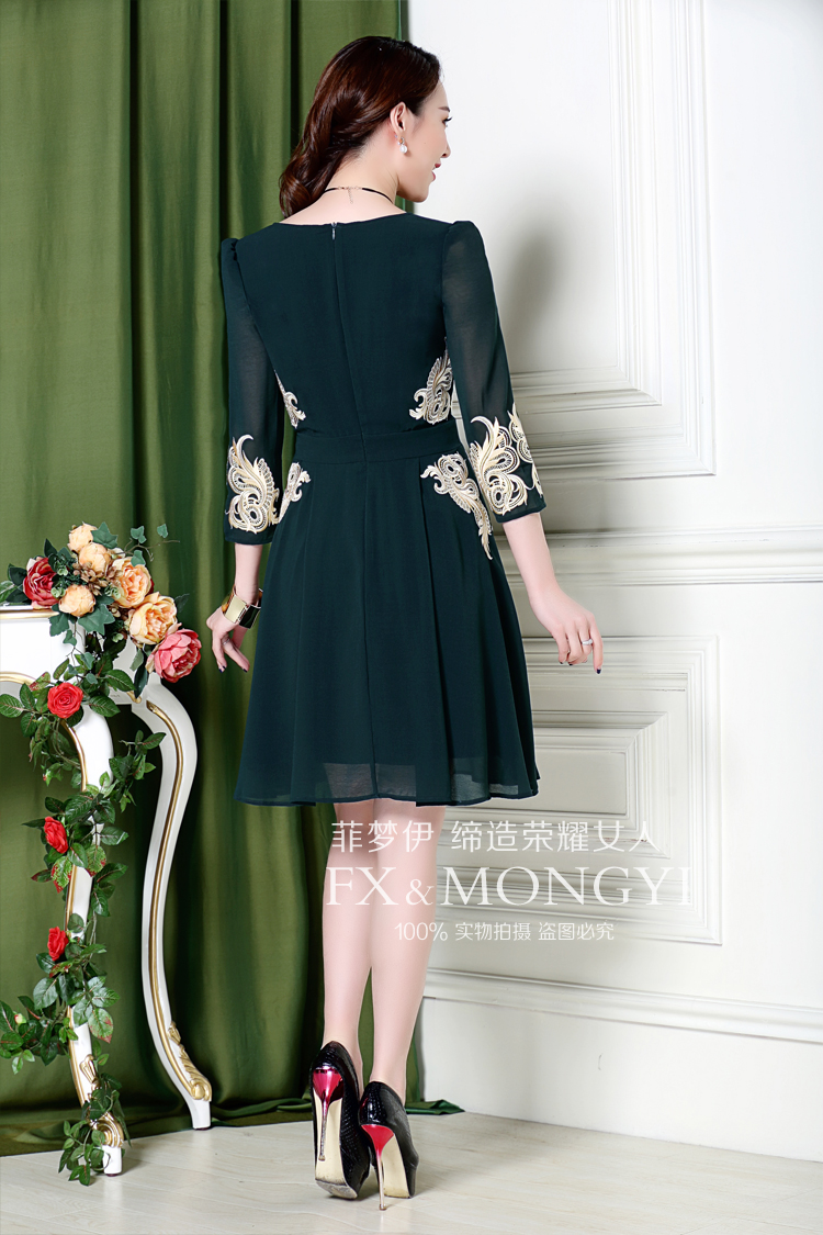 菲梦伊2015春装新款淑女气质优雅显瘦重工刺绣七分袖雪纺连衣裙 黑色