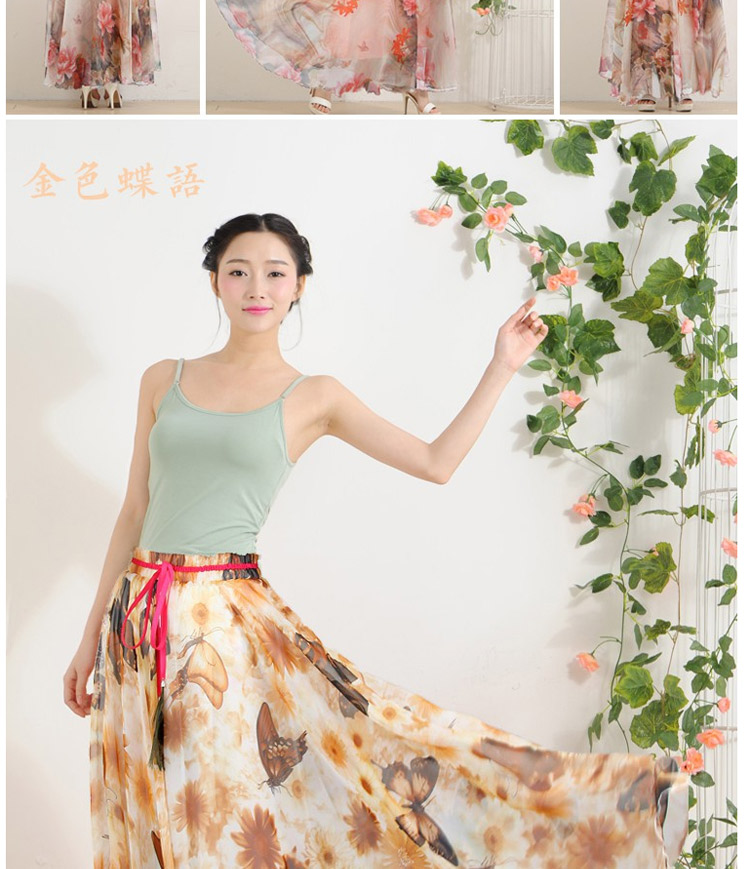 迪龙斯克2015夏季新款女装半身长裙松紧带印花大摆雪纺波西米亚连衣裙沙滩裙 彼岸花开 L