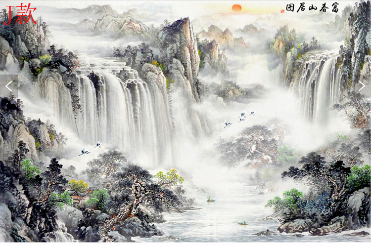 六纹鱼 中式3d立体影视墙壁画水墨山水风景国画壁布客厅沙发电视背景