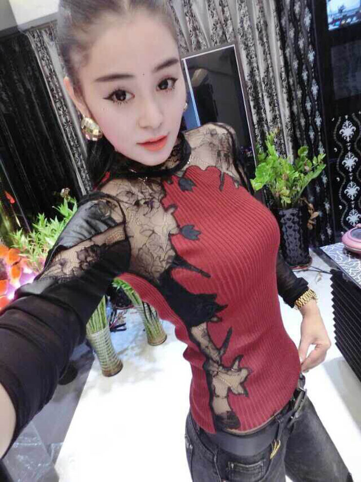 香情姿  蕾丝拼接镂空修身显瘦打底衫长袖T恤紧身小衫潮 酒红色 均码