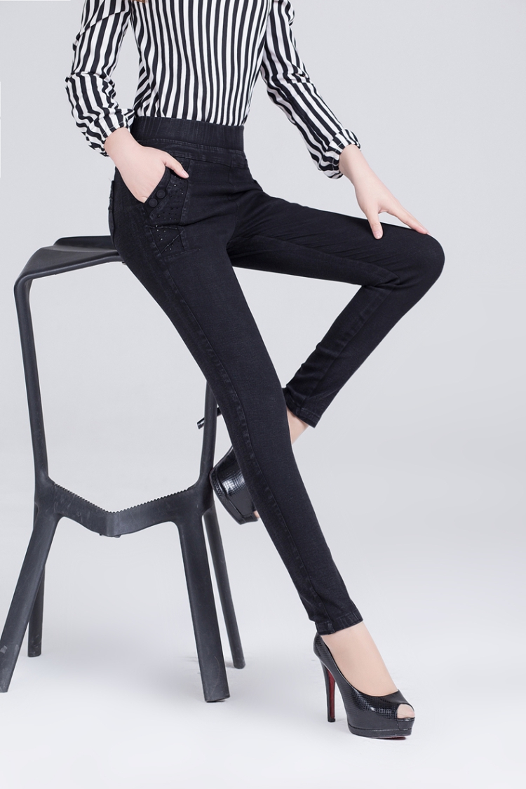 丽儿卓蓝时尚解放2015春新款女装深色中腰显瘦铅笔小脚黑灰牛仔裤