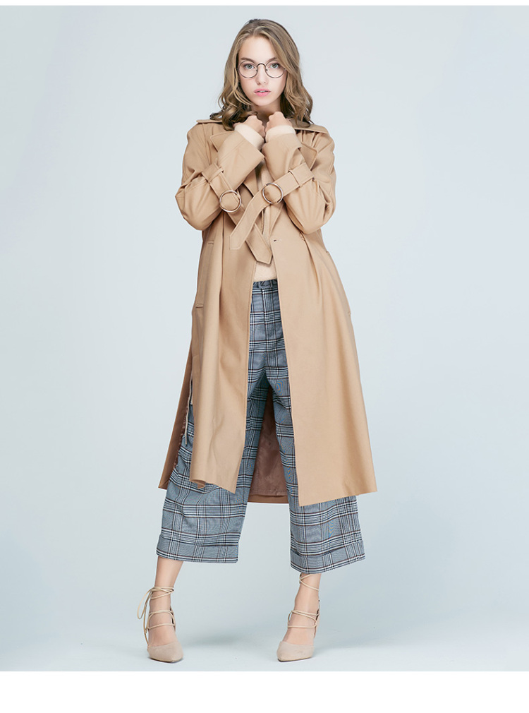 lagogo2017秋冬新款简约翻领收腰风衣女浅驼色宽松中长款休闲外套gcff