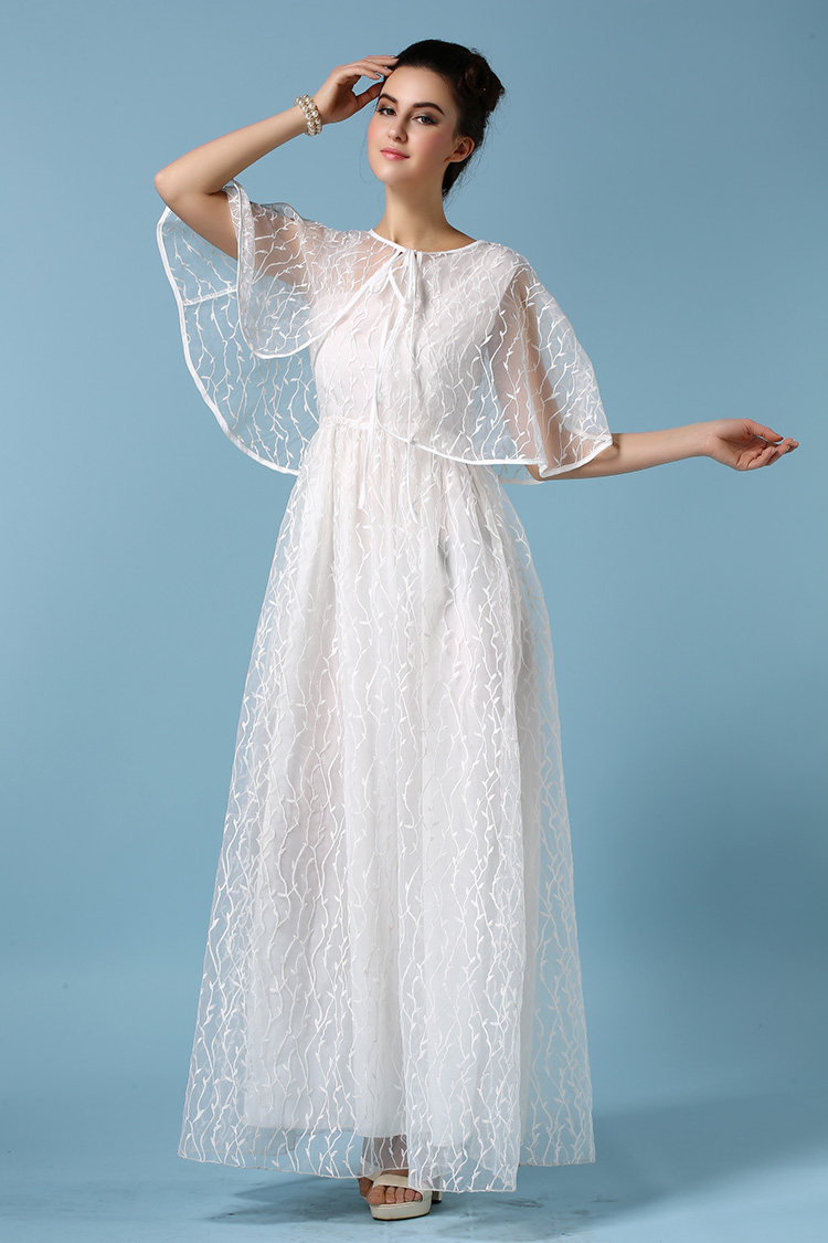 瑞格纳2015新品 高级纯白欧根纱礼服连衣裙 满幅绣花 立体柳枝披肩 人