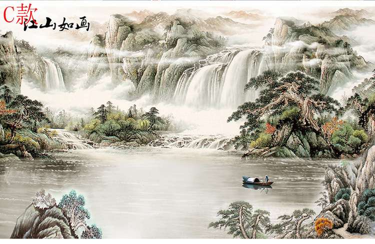 六纹鱼 中式3d立体影视墙壁画水墨山水风景国画壁布客厅沙发电视背景