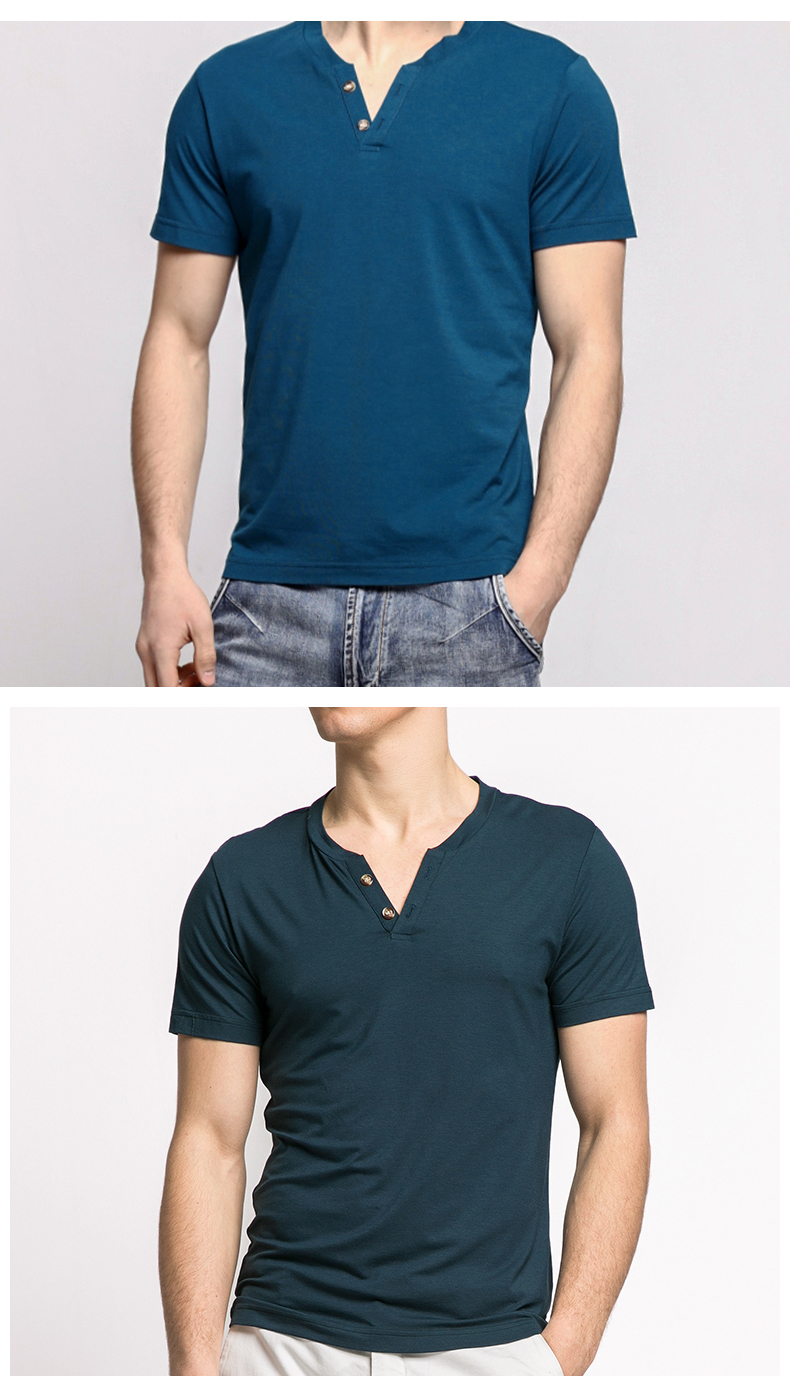 万寻夏装男士短袖t恤 竹纤维t恤个性纽扣v领 纯色衣服男装半袖 白色